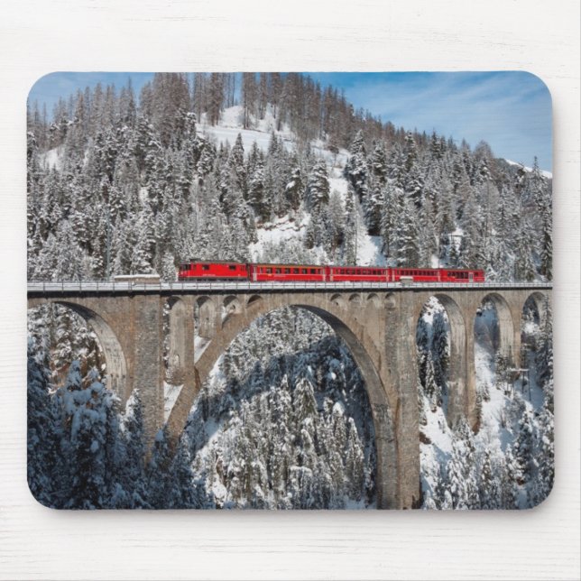 Red Train Pine Snow Covered Mountains Switzerland Mouse Pad (Front)