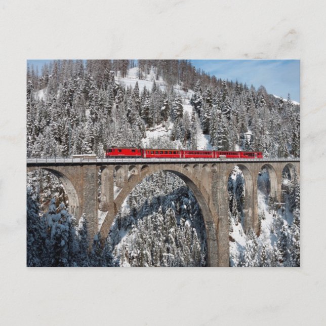 Red Train Pine Snow Covered Mountains Switzerland Postcard (Front)
