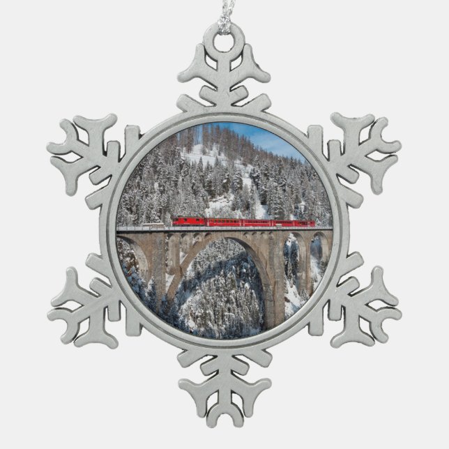 Red Train Pine Snow Covered Mountains Switzerland Snowflake Pewter Christmas Ornament (Front)