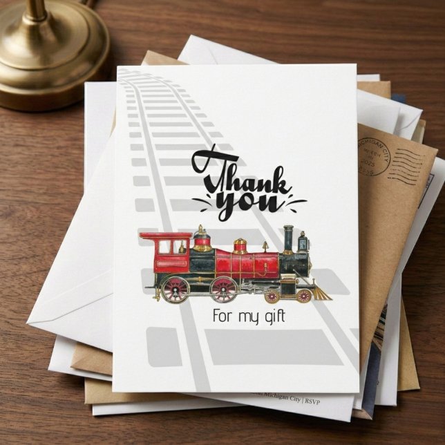 Red Train Rails Thank You Note Card (The perfect match for your train theme birthday.)