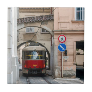 Red tramway in old town of Prague - Czech Republic Ceramic Tile