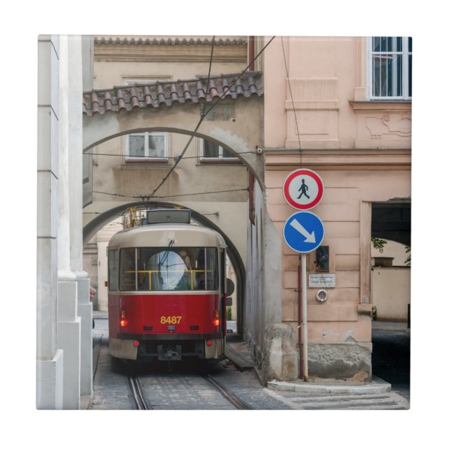 Red tramway in old town of Prague - Czech Republic Ceramic Tile (Front)