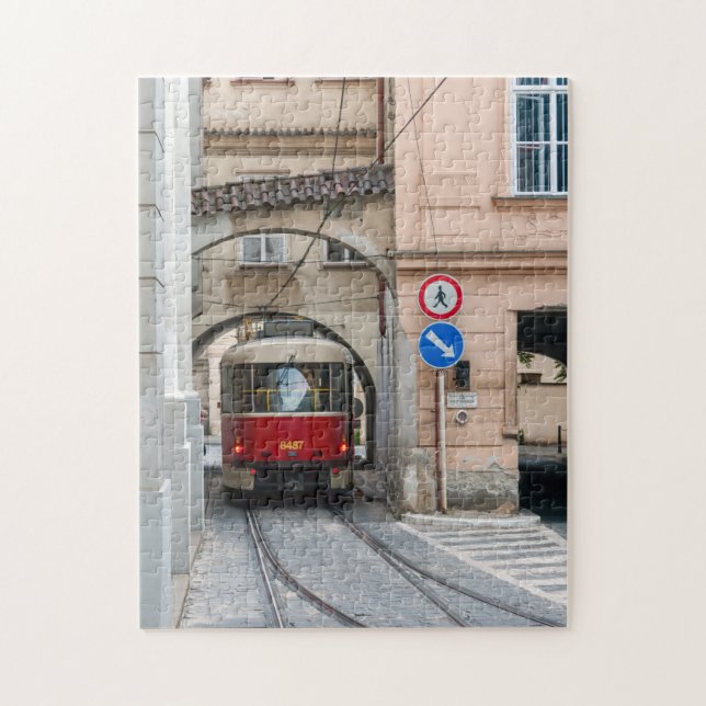Red tramway in old town of Prague - Czech Republic Jigsaw Puzzle (Vertical)