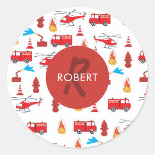 Red Transport Fire Truck Engine Brigade Monogram  Classic Round Sticker