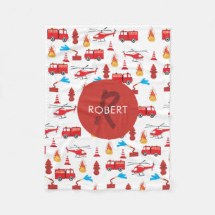 Red Transport Fire Truck Engine Brigade Monogram Fleece Blanket
