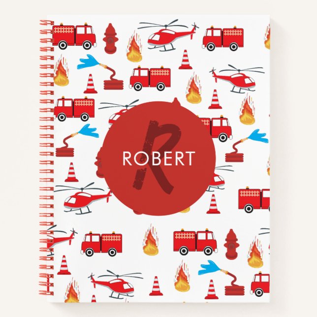 Red Transport Fire Truck Engine Brigade Monogram   Notebook (Front)