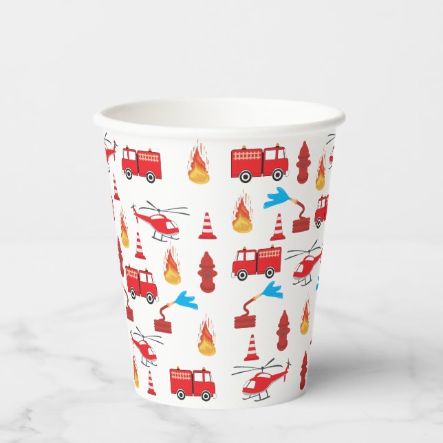 Red Transport Fire Truck Engine Brigade Pattern  Paper Cups (Front)