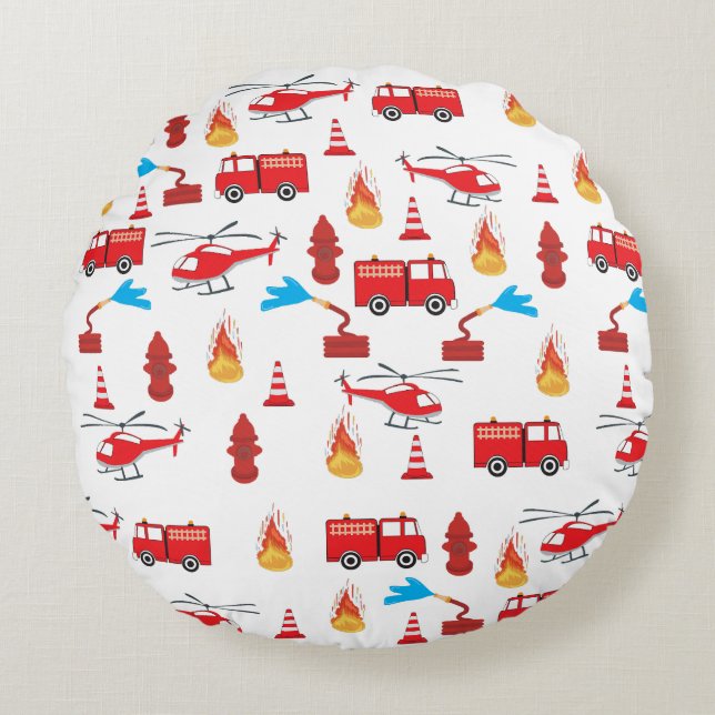 Red Transport Fire Truck Engine Brigade Pattern  Round Cushion (Front)