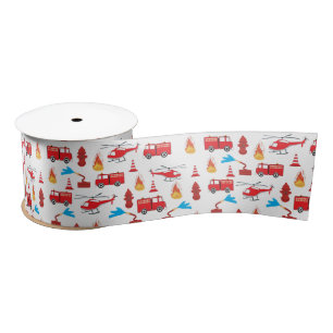 Red Transport Fire Truck Engine Brigade Pattern Satin Ribbon