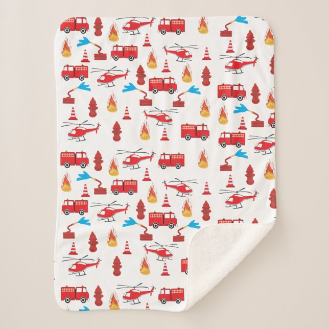 Red Transport Fire Truck Engine Brigade Pattern Sherpa Blanket (Front)