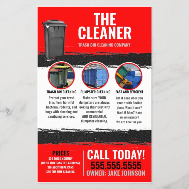 Red Trash Can Cleaning Service Flyer (Front)
