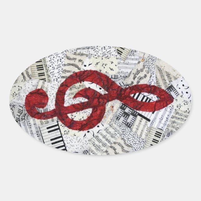 Red Treble Clef Music Oval Sticker (Front)