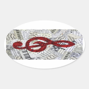 Red Treble Clef Music Oval Sticker
