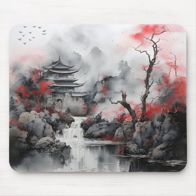 Red Tree and Asian House Mouse Pad (Front)