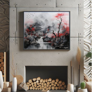 Red Tree and Asian House Photo Print