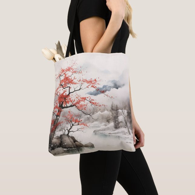 Red Tree Ink Painting Tote Bag (Close Up)