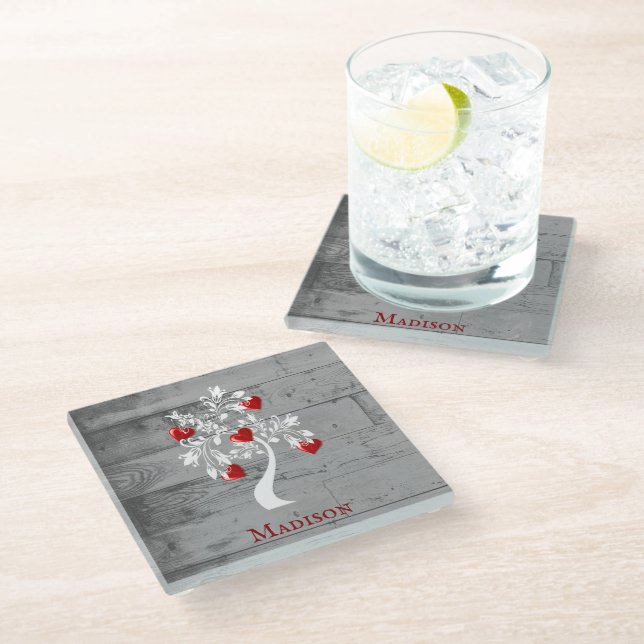 Red Tree of Hearts Personalised Glass Coaster (Angled)