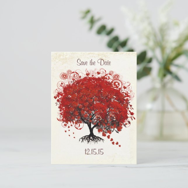Red Tree Wedding Save The Date Announcement Postcard (Standing Front)