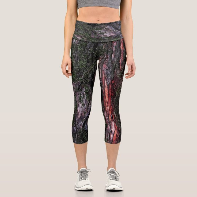 Red tree wet mossy wood bark capri leggings (Front)