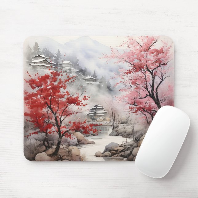 Red Trees over River  Mouse Pad (With Mouse)