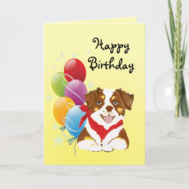 Red Tri Aussie Puppy Happy Birthday Card (Front)