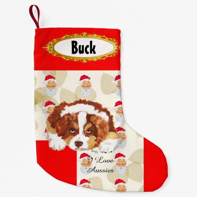 Red Tri Aussie Puppy w/Santa Stocking (Front)