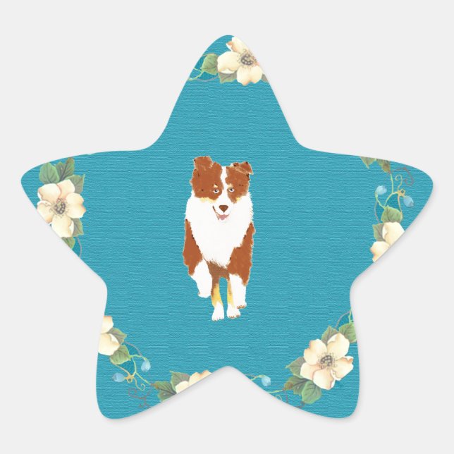 Red Tri running Aussie on Teal Floral Star Sticker (Front)