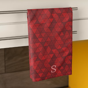 Red Triangles Geometric Pattern Custom Monogram Tea Towel