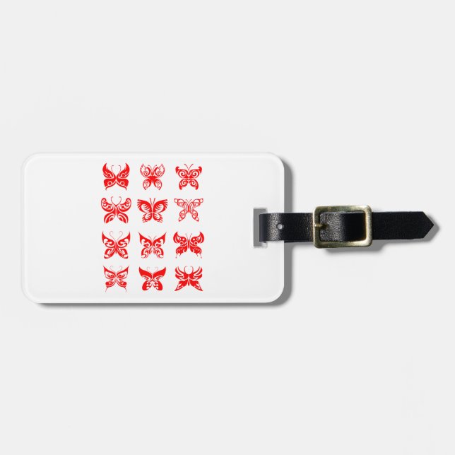 Red Tribal Butterfly Ornamental Luggage Tag (Front Horizontal)