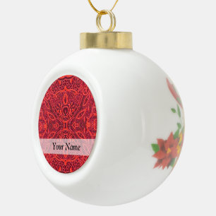 Red tribal damask pattern ceramic ball christmas ornament