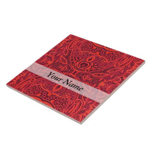 Red tribal damask pattern ceramic tile