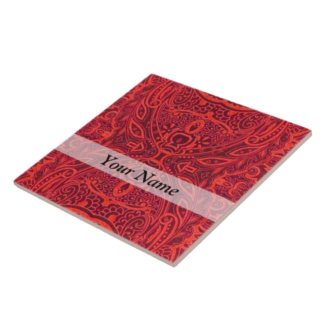Red tribal damask pattern ceramic tile (Side)