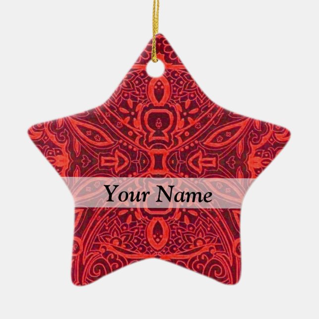 Red tribal damask pattern ceramic tree decoration (Front)