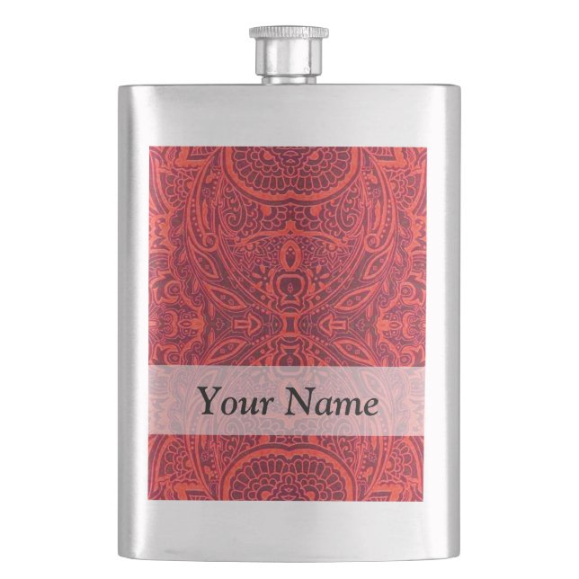 Red tribal damask pattern hip flask (Front)