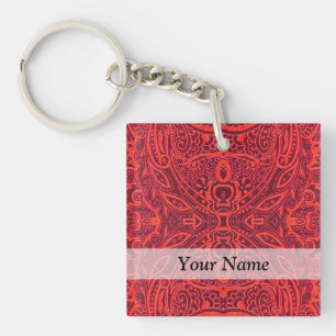 Red tribal damask pattern key ring