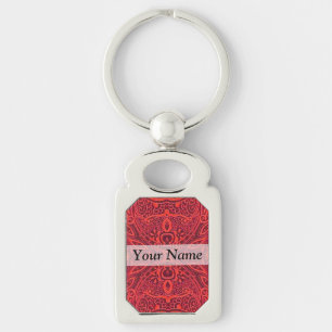 Red tribal damask pattern key ring