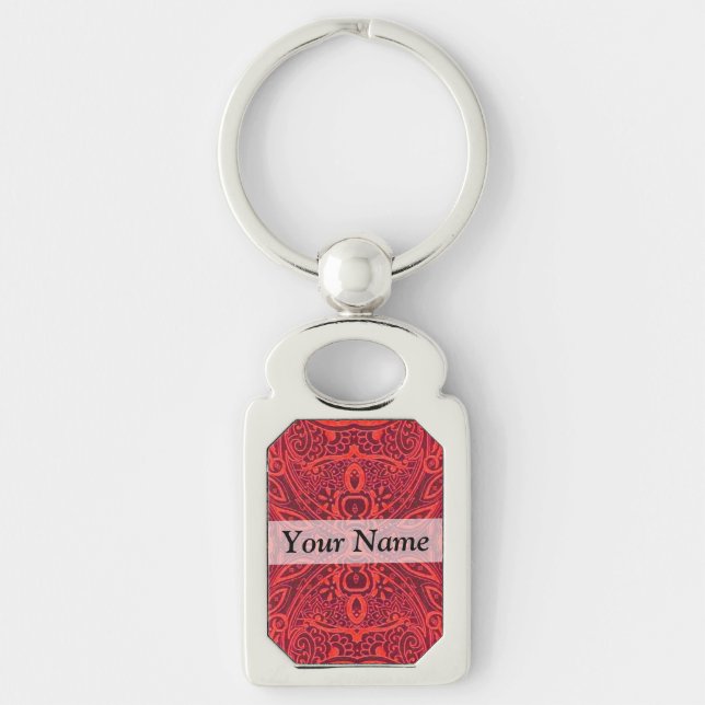 Red tribal damask pattern key ring (Front)