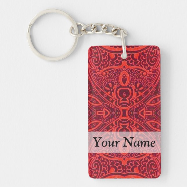 Red tribal damask pattern key ring (Front)