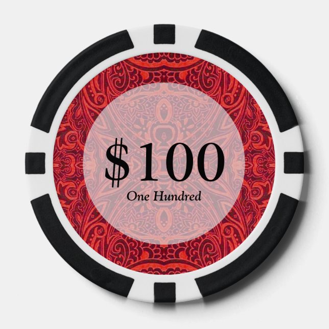 Red tribal damask pattern poker chips (Front)