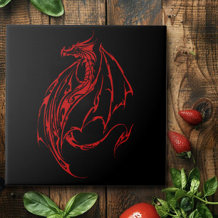 Red Tribal Dragon Black Ceramic Tile