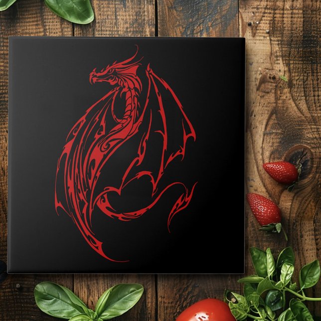 Red Tribal Dragon Black Ceramic Tile (Creator Uploaded)