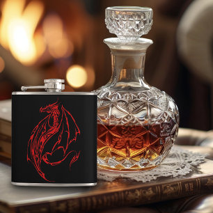 Red Tribal Dragon Black Hip Flask