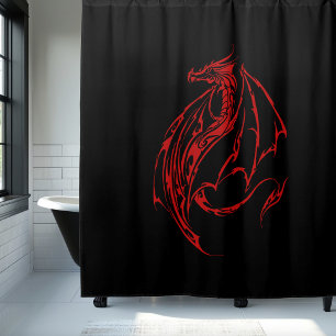 Red Tribal Dragon Black Shower Curtain