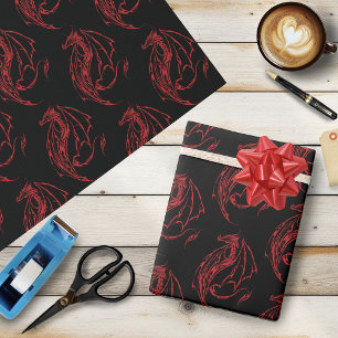 Red Tribal Dragon Black Wrapping Paper