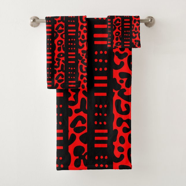 Red Tribal Leopard Print Bath Towel Set (Insitu)