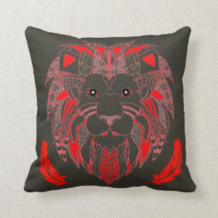 Red Tribal Lion Head With Feathers Cushion