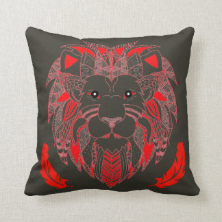 Red Tribal Lion Head With Feathers Cushion