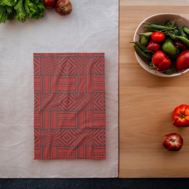 Red Tribal Pattern Art Tea Towel (Kitchen Towel)