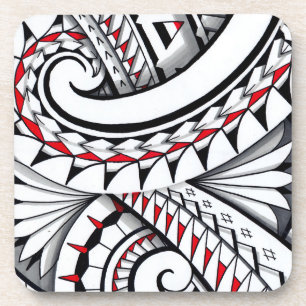 Red tribal polynesian patterns with shading coaster