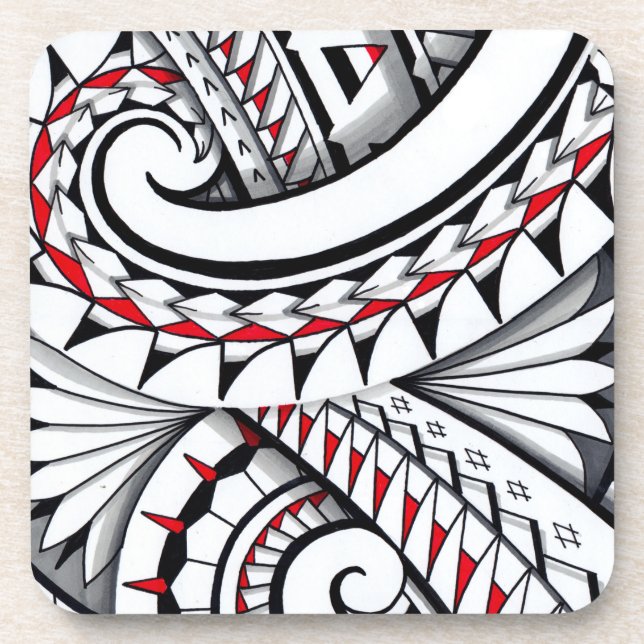 Red tribal polynesian patterns with shading coaster (Front)